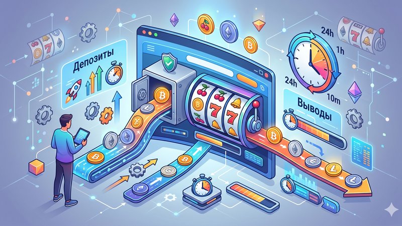 Современная иллюстрация процесса криптовалютных депозитов и вывода средств для онлайн-слотов в минималистичном стиле