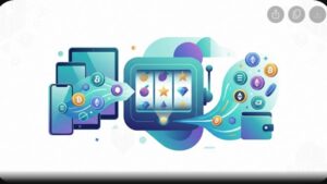 Современная иллюстрация с символами криптовалют и игровыми слотами для блога о криптоказино