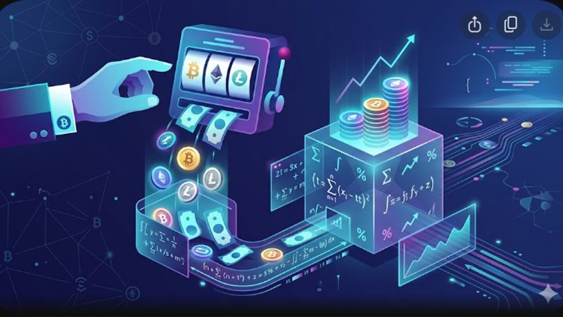 Иллюстрация с математическими формулами и криптомонетами для расчета кэшбэка в крипто-слотах