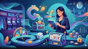 Современная иллюстрация с элементами криптовалют и игровых слотов для статьи о кэшбэке и вейджерах.